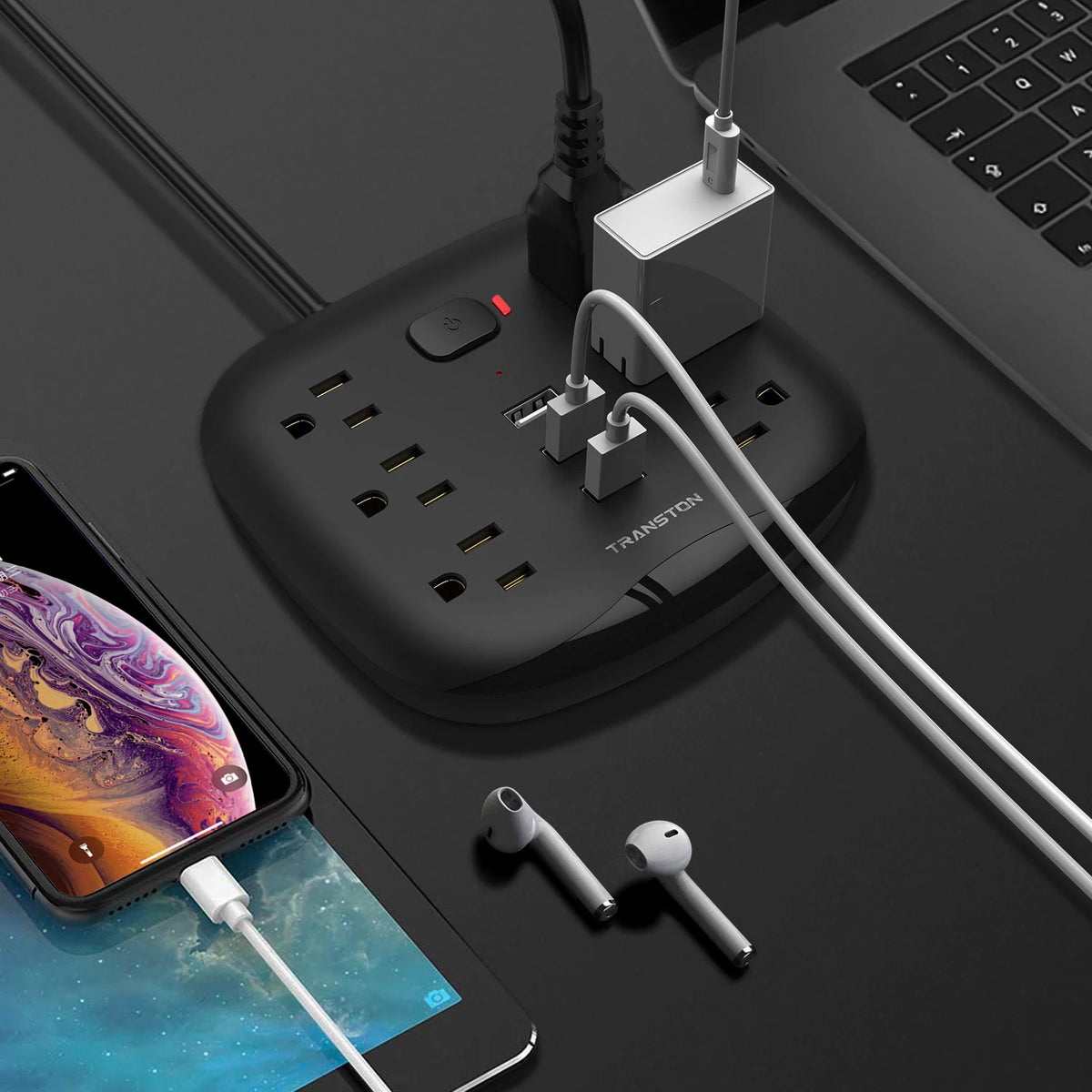 US Power Strip Surge Protector 6 Outlet 3 USB with Switch Control &amp; Flat Plug Fireproof Heavy Duty Extension Cord Compact - Stereotech