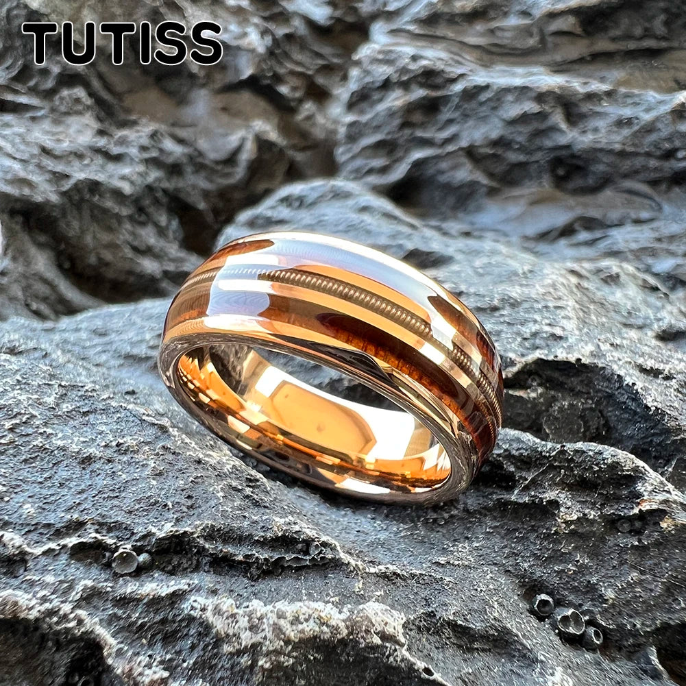 TUTISS 8mm Men&#39;s And Women&#39;s Tungsten Ring Dome With Three Grooves Inlaid With Rosewood And Guitar Strings For a Comfortable Fit
