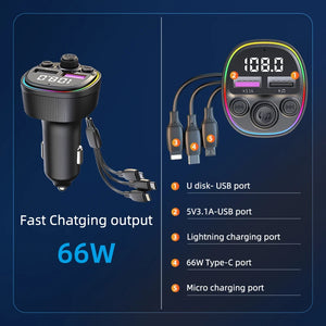 Car Hands-free Bluetooth 5.0 FM Transmitter Car Kit MP3 Modulator Player Handsfree Audio Receiver With 3 in 1 Fast Charge Cable