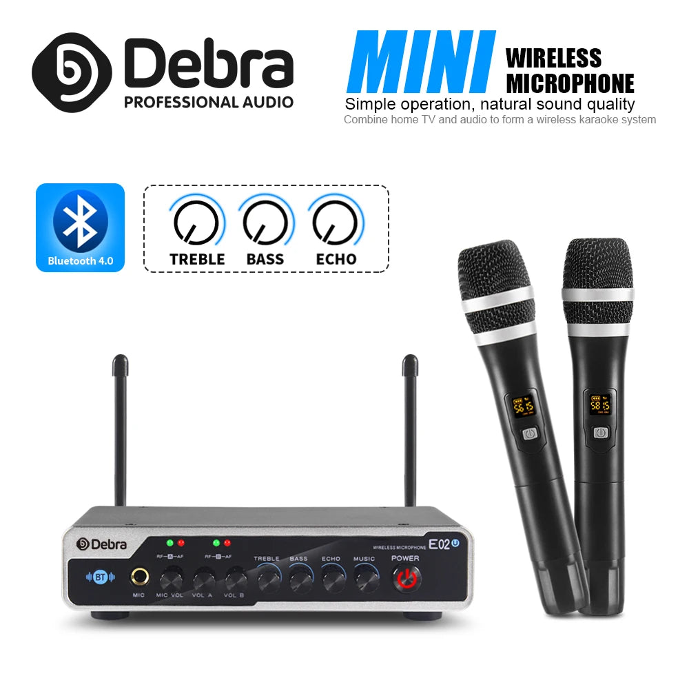 E02U Professional Portable Wireless Microphone System, 2 Handhelds with Bluetooth 5.0 and Reverb for House Parties, KTV Karaoke