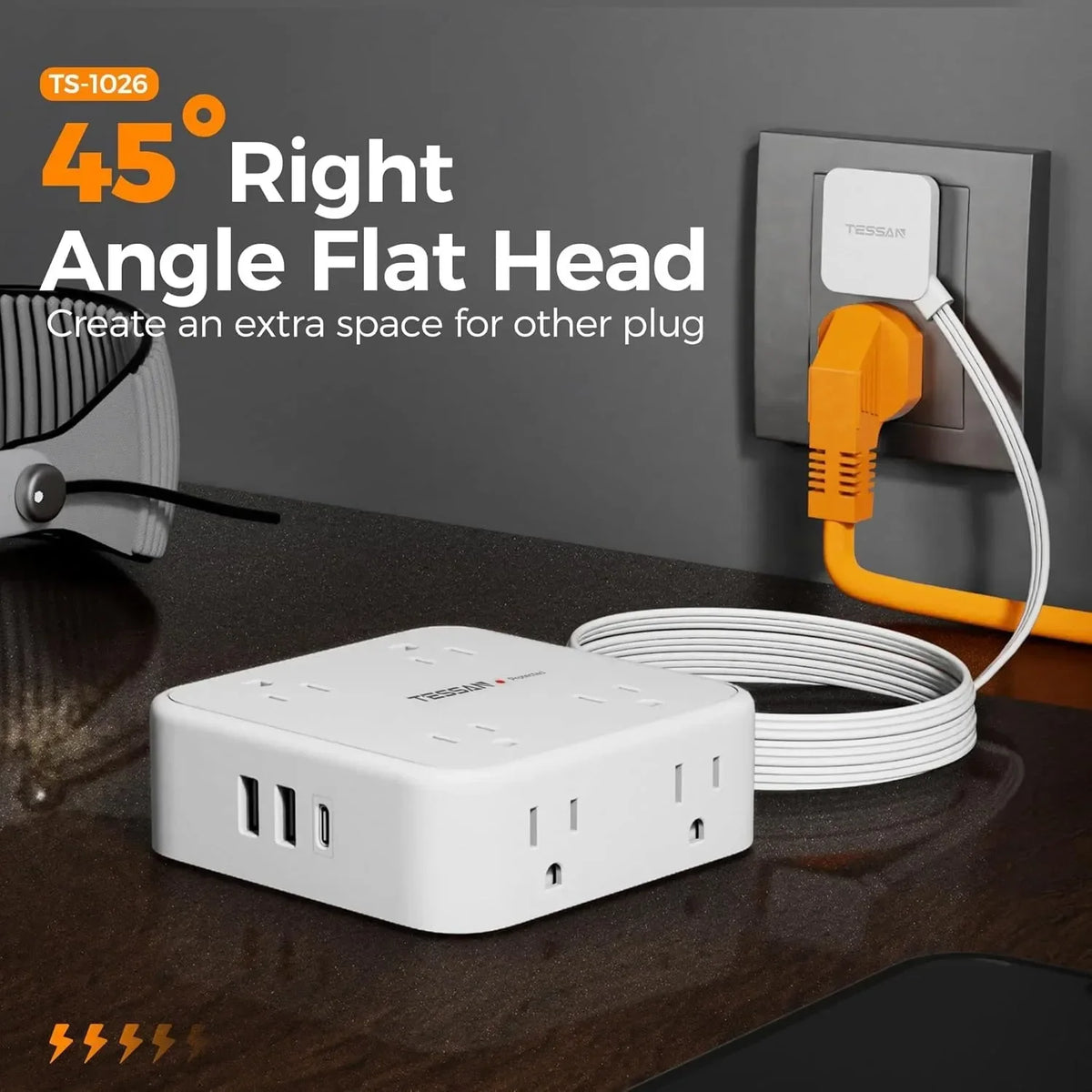 TESSAN Ultra Thin Flat Power Strip Plug with 8 Outlets 3 USB Multi Outlet Surge Protector with 5FT 10FT Extension Cable