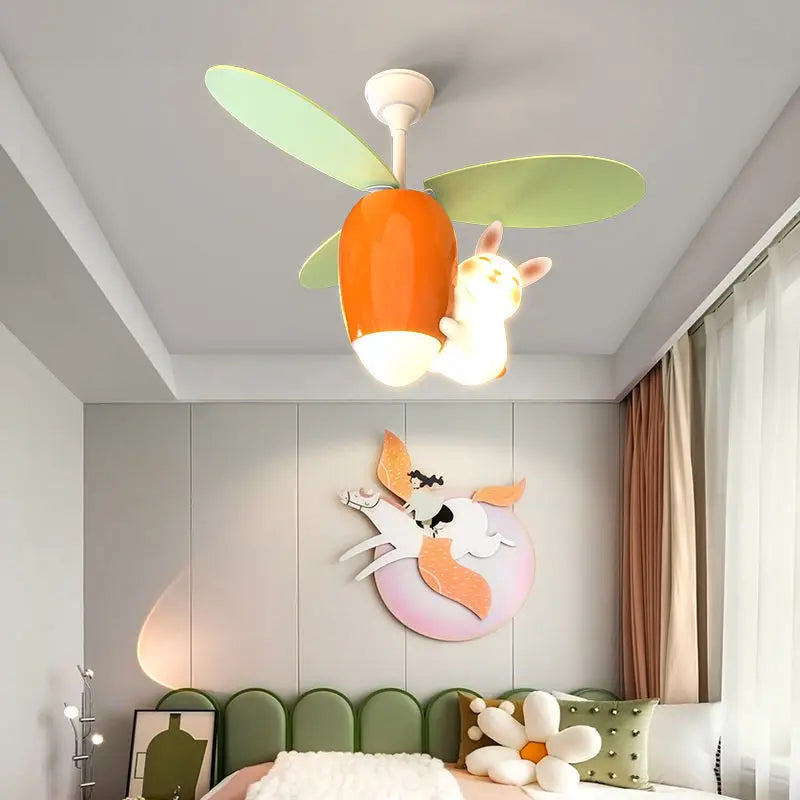 Children&#39;s Room Pendant Light Fan Cute Cartoon Rabbit Carrot Helicopter Shaped Boy And Girl Bedroom Ceiling Fan Lamp