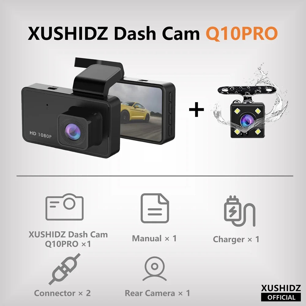 XUSHIDZ Q10PRO 1080P Dash Cam Night Vision Car DVR Vehicle Recorder Camera G-sensor HDR DVR  Loop Recording Dashcam Dual-Channel