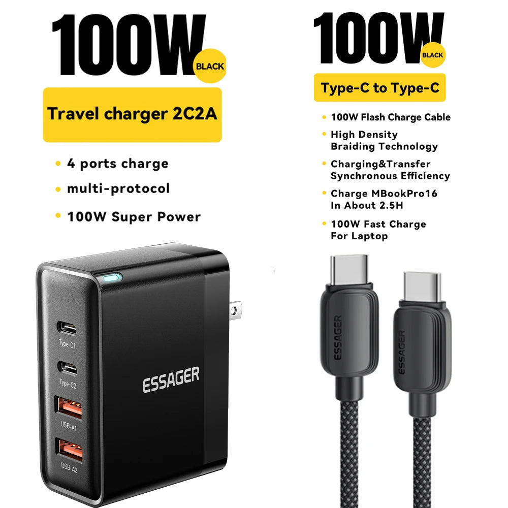 Essager 100W USB Type C Charger 65W PD Quick Charge4.0 3.0 Type-C Fast Charging For iPhone 16 15 14 13 Pro Xiaomi Macbook Laptop
