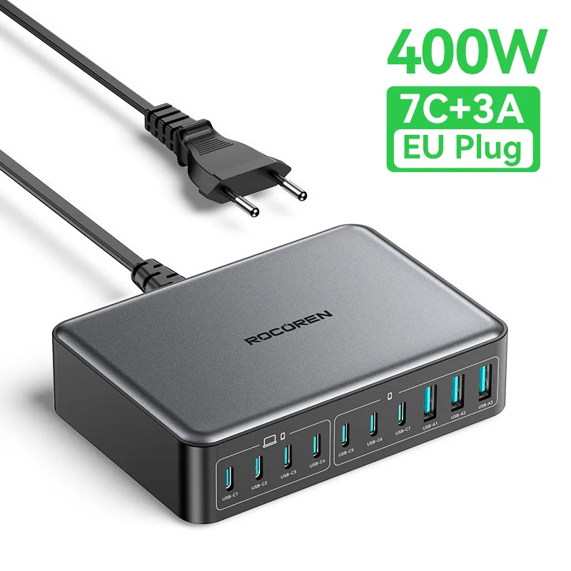 Rocoren 400W 10 Ports GaN Desktop Charger Fast Charging Power Station USB C Type C Quick Charging For iPhone16 15 Pro Samsung