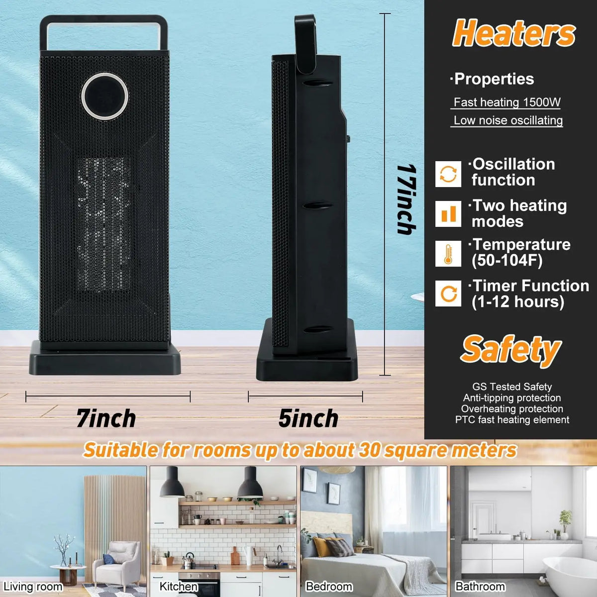 Room Heater 1500W Large Portable Ceramic Tower Heater 12 Hour Timer 3 Modes With Remote Rapid Heating Oscillating Heater