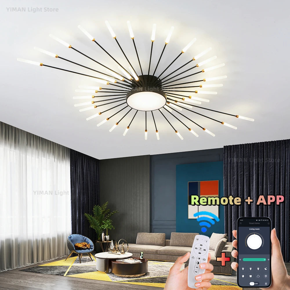 Led Firework Chandelier Dimmable For Living Room Bedroom Milk Yellow Ceiling Chandelier Dining Room LED Ceiling Lamp With Remote
