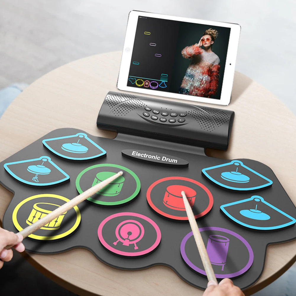 Electronic Drum Set with Drum Sticks and Pedals Roll-Up Drum Practice Pad BT Electric Drum Set for Kids Xmas Birthday Gift