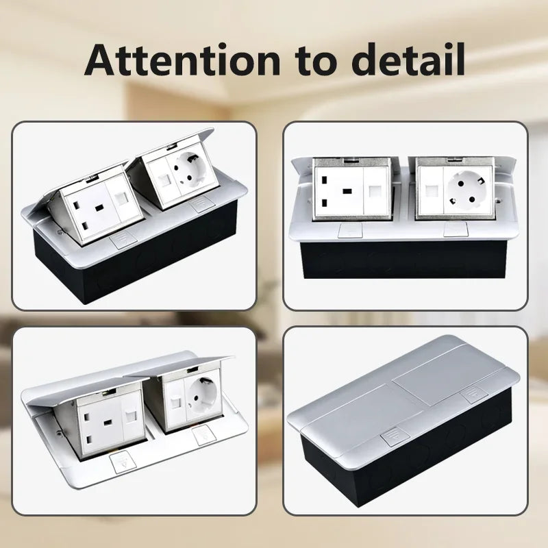 EU Floor Socket Hidden Desktop Socket with USB HDMI TV Cabinet Electrical Outlet Recessed Power Strip Table Socket 120x220mm