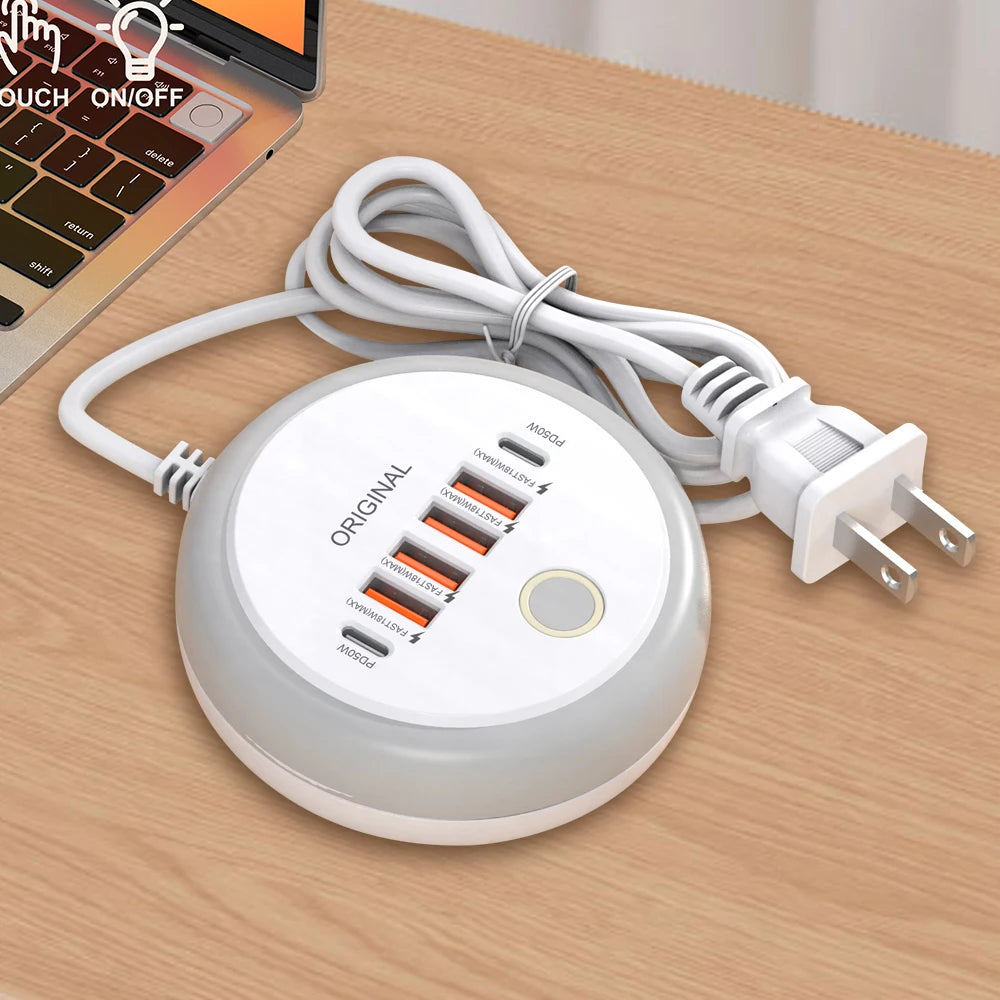 PD 50W Multi Port Charger Type C Fast Charging EU US Plug Wall Charger 6 Port USB Quick Phone Charger With Touch LED/ Fill Light