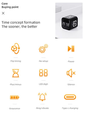 Mini Productivity Cube Timer Gravity Sensor Flipping LED Display 4 Preset Time Dual Modes Countdown Cooking Study Digital Timer