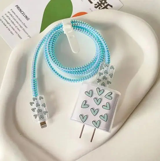 Printing Style Blue Cable Winder Protection For Iphone Apple 11 12 13 Adapter Protector Cover Pink Data Line Protective Shell - Stereotech