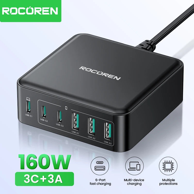 Rocoren Portable 160W GaN USB Type C Desktop Charger 6 Ports Fast Charging Power Station Type C Charger for iPhone 16 15 MacBook