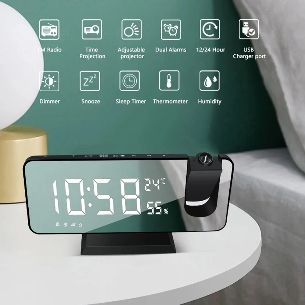 180° Arm Projection LED Digital Alarm Clock Table Watch FM Radio Electronic Bedside Desk Clock Temperature Humidity Display