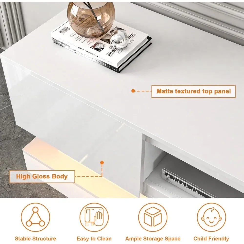 White LED TV Stand - Modern TV Stand with Led Lights and Storage Drawers for TVs up to 55 Inch - Gaming TV Entertainment Stand