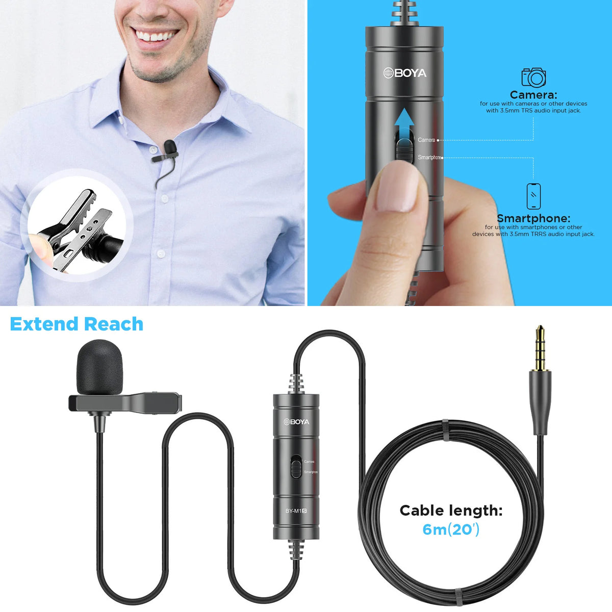 BOYA BY-M1S 3.5mm TRRS Condenser Lavalier Lapel Microphone for Smartphone PC Camera Recording Youtube Live Streaming 6M Cable
