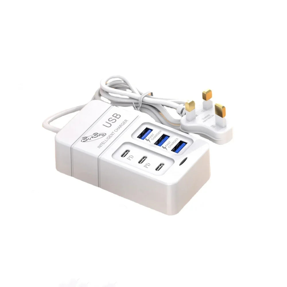 35W USB Power Strip Charger Multi Ports Fast Charging Adapter for Mobile Phone EU/US UK Plug with Type C for Quick Charging
