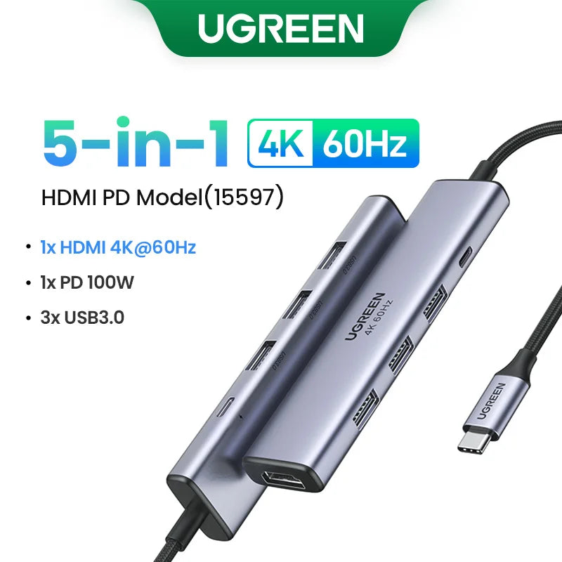 UGREEN 5 in 1 USB C Hub 4K HDMI USB HUB 100W Multiport Adapter for MacBook Pro/Air, iPad Pro, iMac, iPhone 15 Pro/Pro Max, XPS