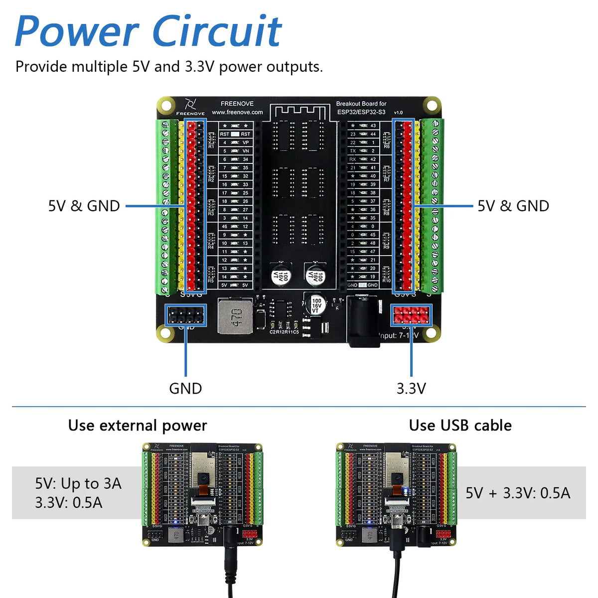 Freenove Breakout Board for ESP32 / ESP32-S3 WROVER WROOM, Terminal Block Shield HAT, 5V 3.3V Power Outputs, GPIO Status LED