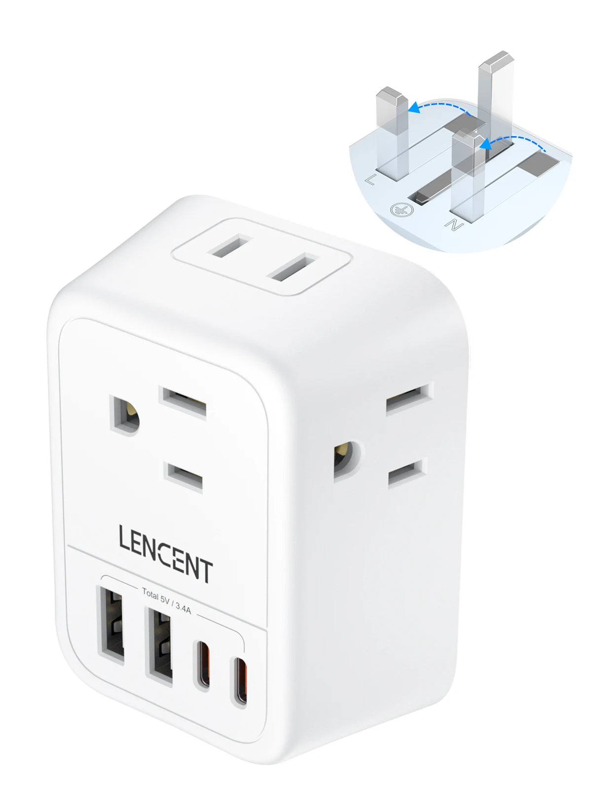 LENCENT US to UK Travel Plug Adapter International Type G  Foldable Power Plug with 4 Outlets+2USB-A+2USB-C  5V/3A Power Adaptor