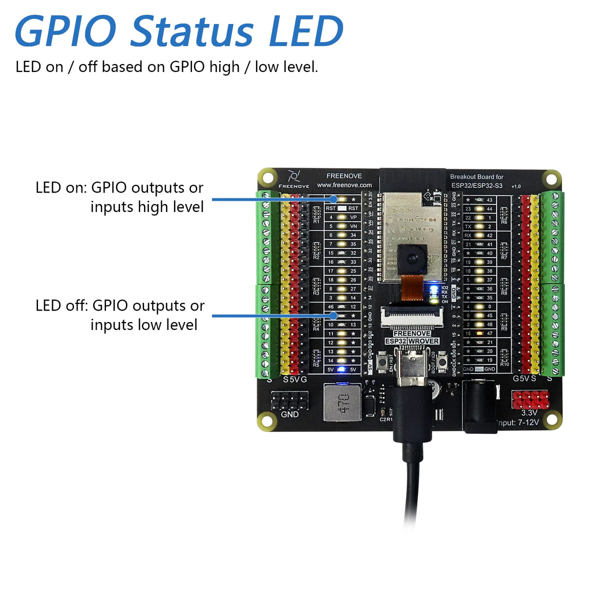 Freenove Breakout Board for ESP32 / ESP32-S3 WROVER WROOM, Terminal Block Shield HAT, 5V 3.3V Power Outputs, GPIO Status LED
