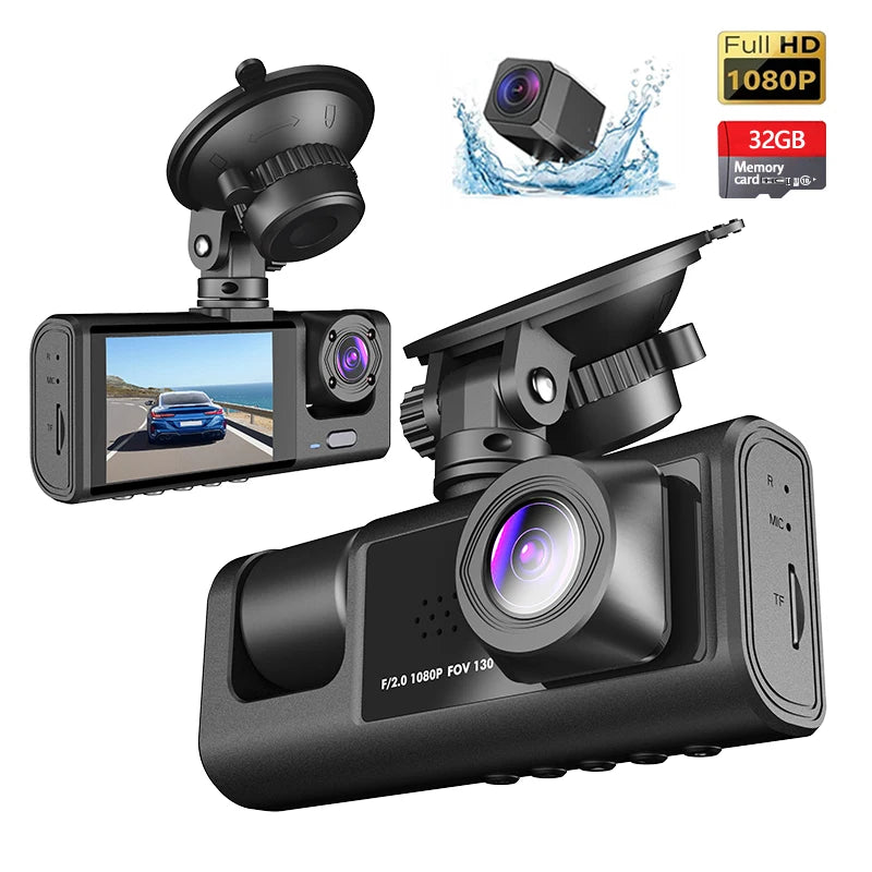 3 Channel DashCam 1080P FHD Car Camera, Front Rear Inside 3-Lens Car DVR Recorder, Equipped 2&quot; IPS Screen Vehicle Camera