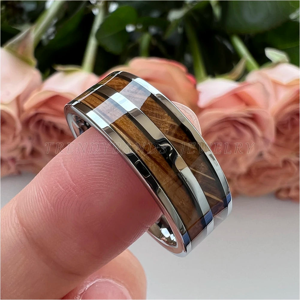 8mm Men&#39;s Women&#39;s Ring Tungsten Wedding Band Couple&#39;s Fashion Jewelry Whisky Barrel Wood Inlay Polished Shiny Comfort Fit