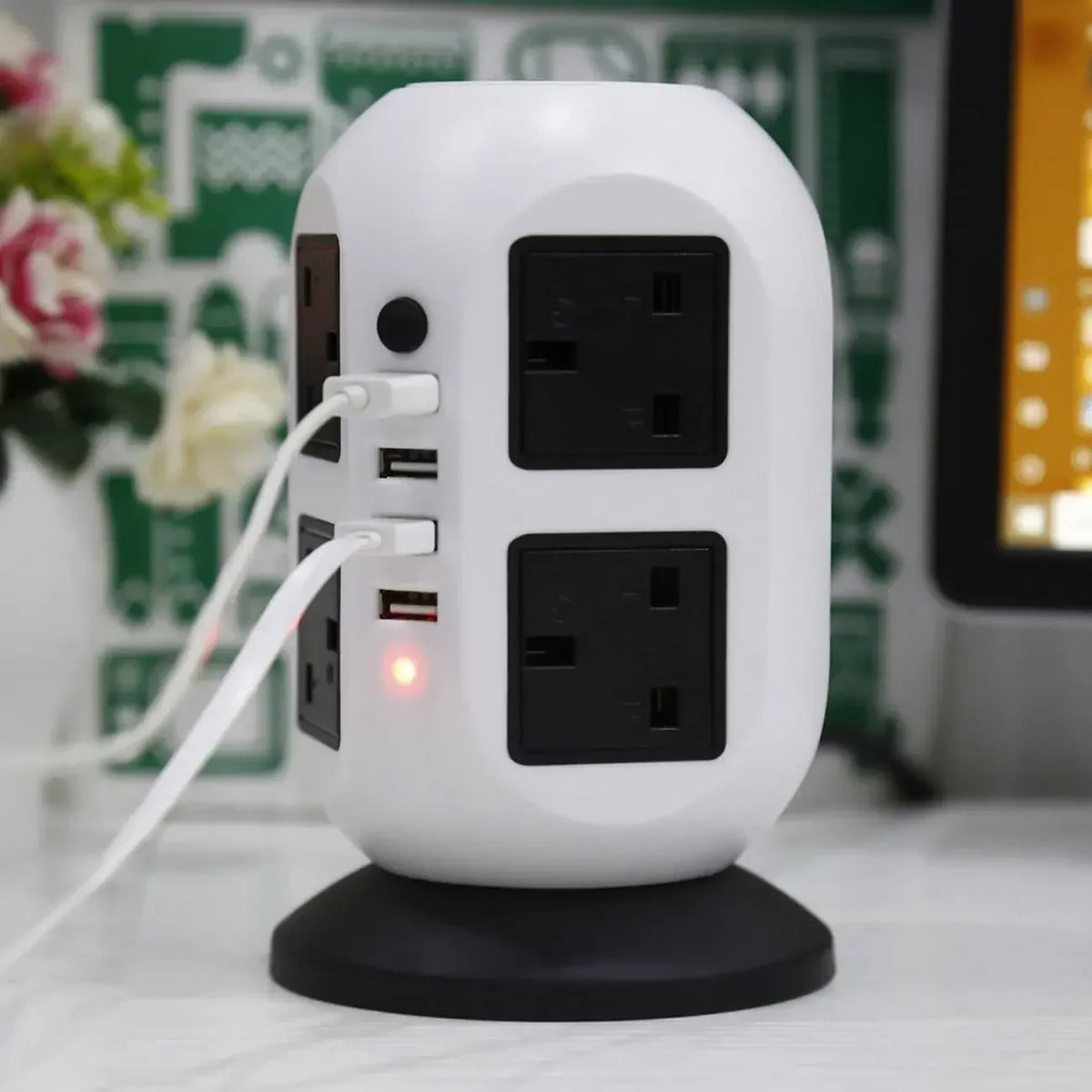 Melery Tower Power Strip, Vertical UK Plug Adapter, Outlets AC, Multi Electrical Sockets, USB Surge Protector, 3M Extension Cord