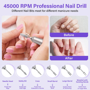 Professional 45000RPM Electric Portable Nail Drill Machine Rechargeable Low Noise Nail Sander File for Manicure Salon Tool