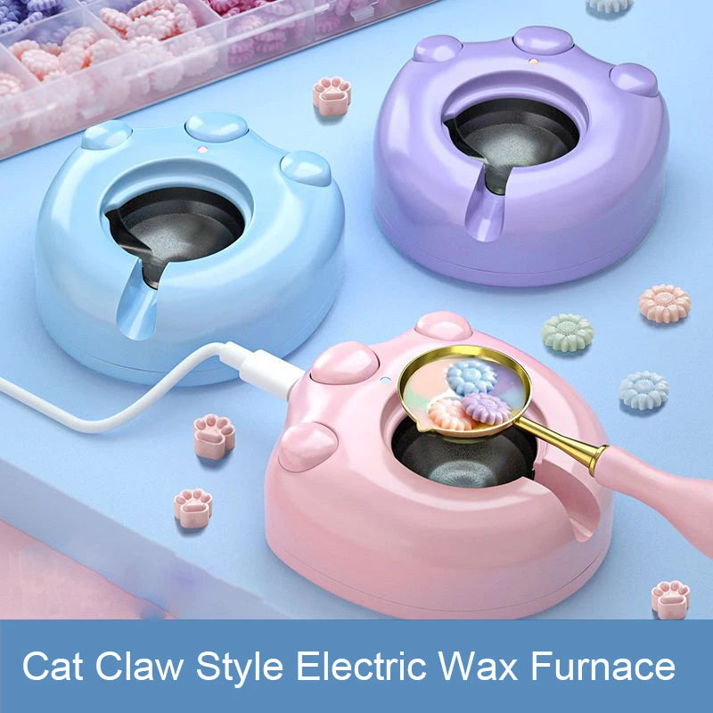 Electric Wax Furnace&amp;Spoon Set Cute Cat Paw Shape Pot Warmer Melt Electric Heater Wax Beads Furnace Spoon Set For Wax Seal Stamp