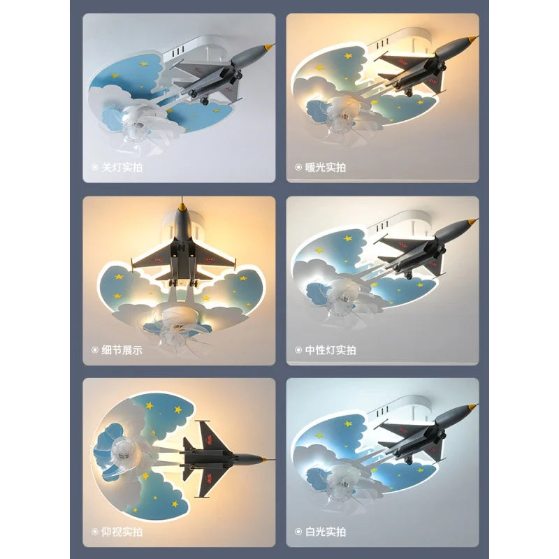 Children&#39;s Room Light Boy Bedroom Led Eye Protection Aircraft Shaking Head Fan Lamp Fighter Model Fan Ceiling Light