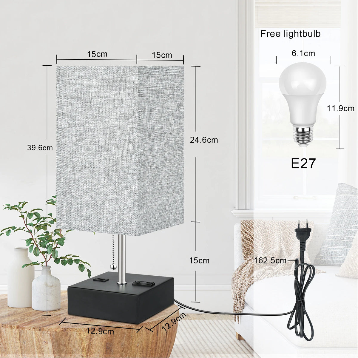 Bedside Lamp Pulling Switch Desk Nightstand Lamp with 2 USB Charge Port Rectangular Fabric Shade for Bedroom Living Room Decor