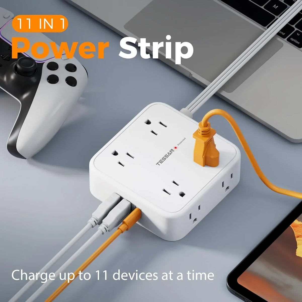 TESSAN Ultra Thin Flat Power Strip Plug with 8 Outlets 3 USB Multi Outlet Surge Protector with 5FT 10FT Extension Cable