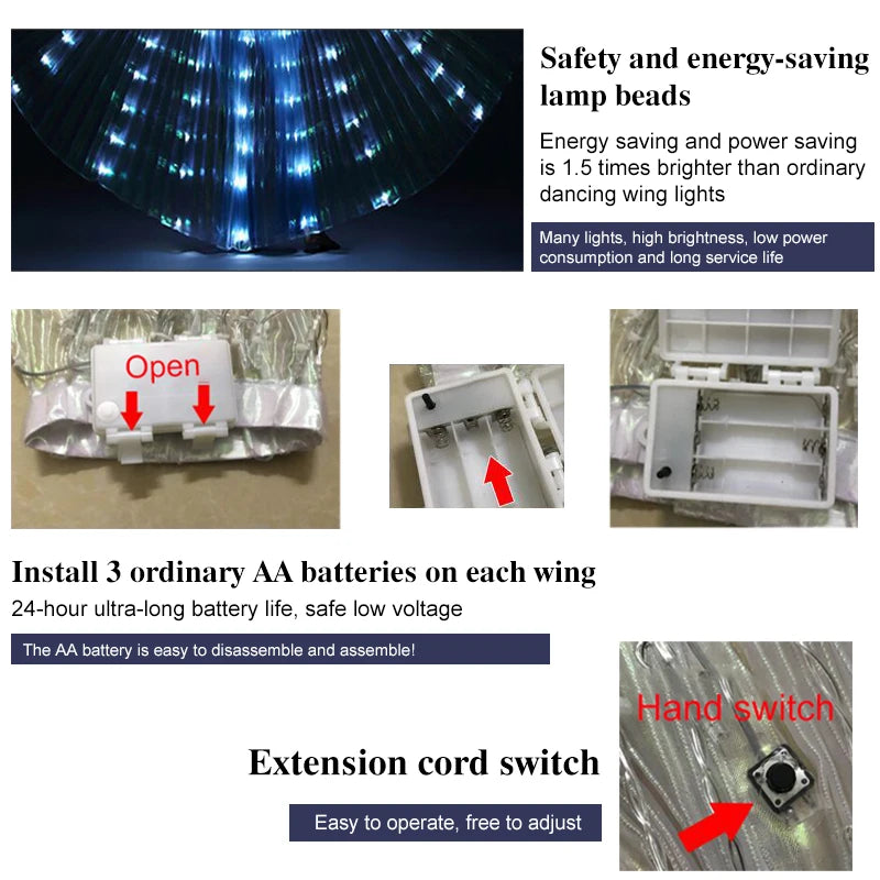 Belly Dance LED Isis Wings with Telescopic Sticks Butterfly Fairy Wing Colorful Glow Costume Carnival Party Halloween Dress Up