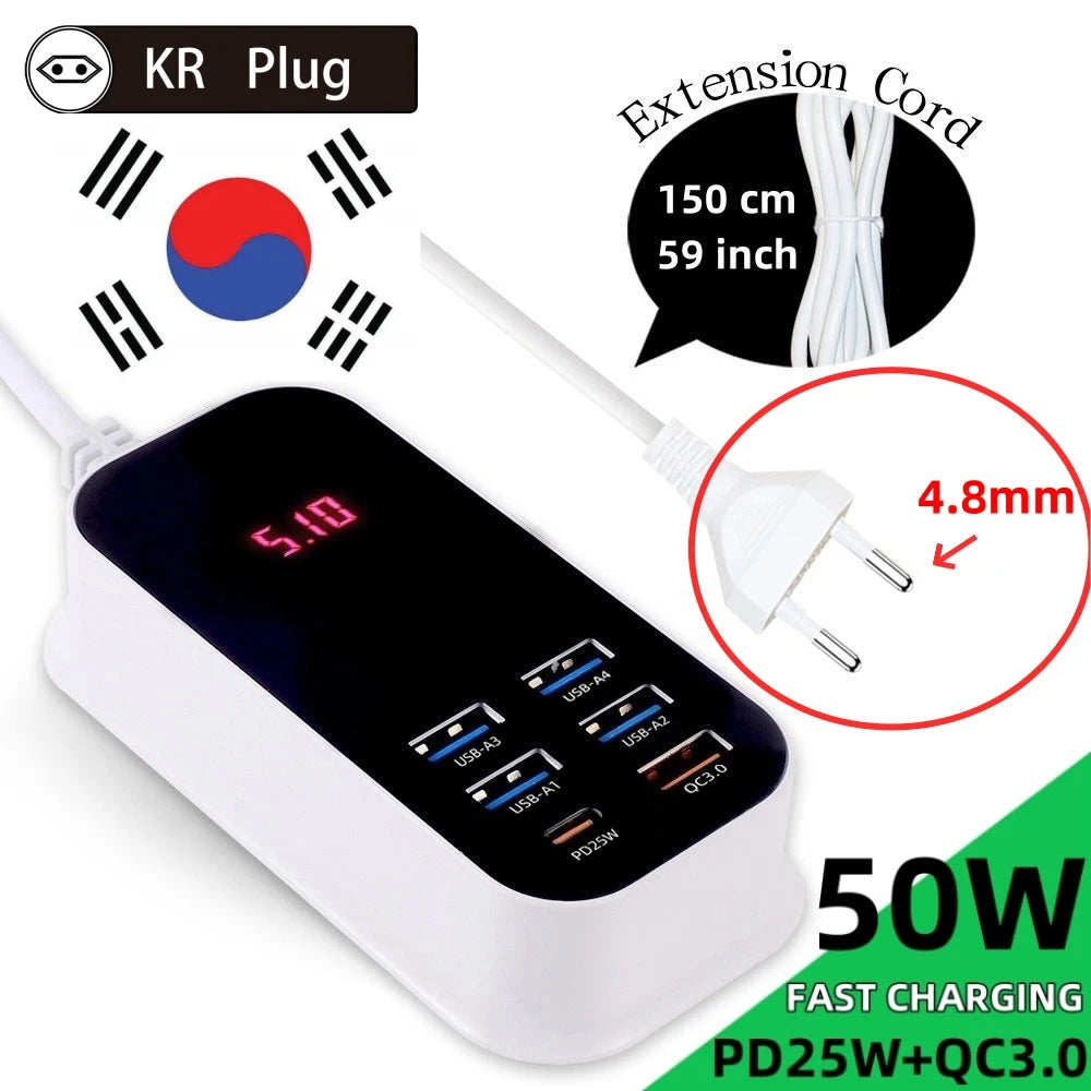 50W Multiple Port USB Charger PD25W Type C QC3.0 Fast Charging Desktop Wall Power Adapter Phone UK EU US Korea Plug Quick Charge