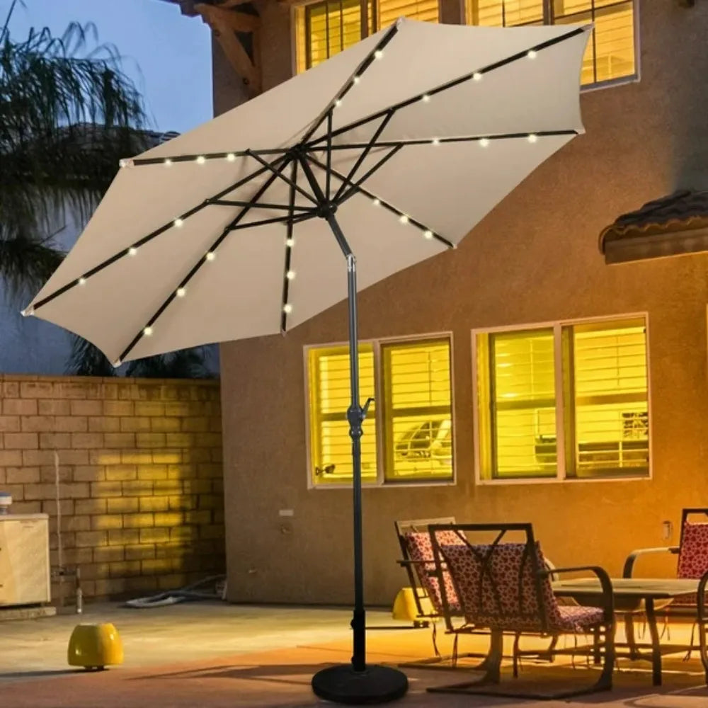 10ft Patio Solar Umbrella LED Patio Market Steel Tilt W/ Crank Outdoor Beige Large Garden Umbrellas for Garden and Terrace