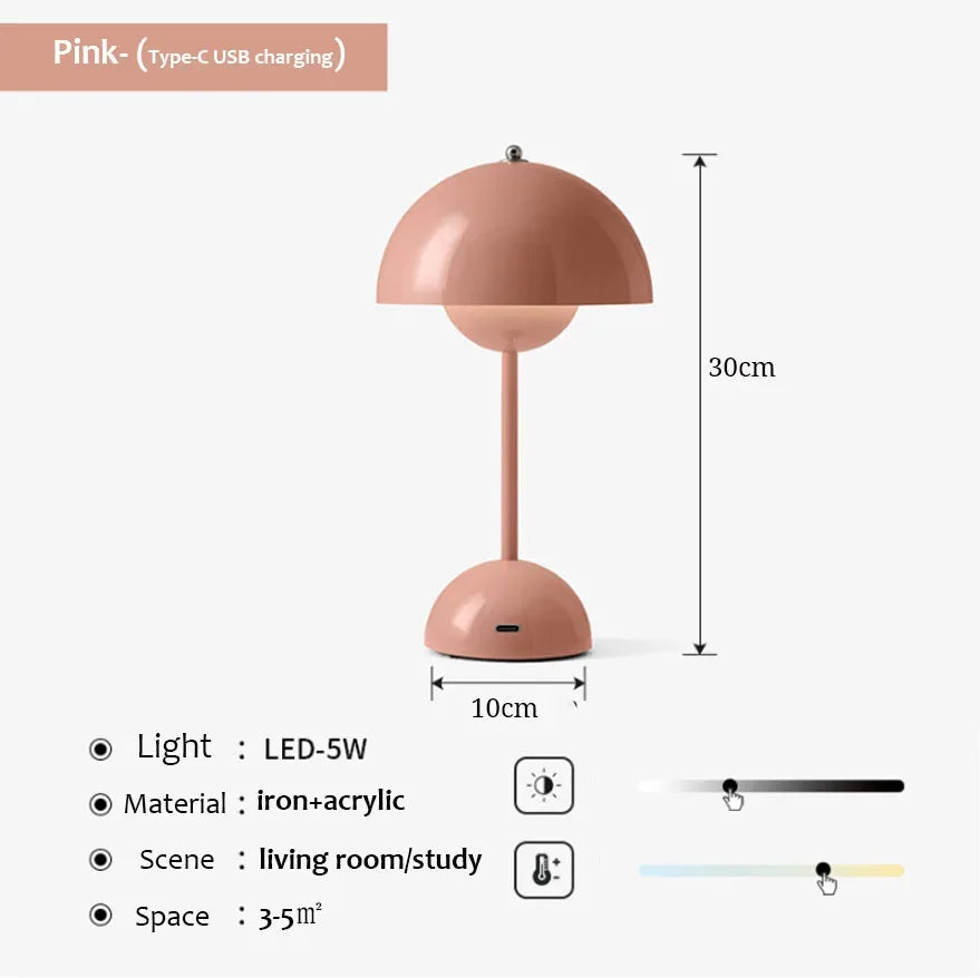 Nordic LED Table Lamp Mushroom Desk Light Type-C Rechargeable Top Touch Switch Lantern Room Decoration Night Lights for Bedroom