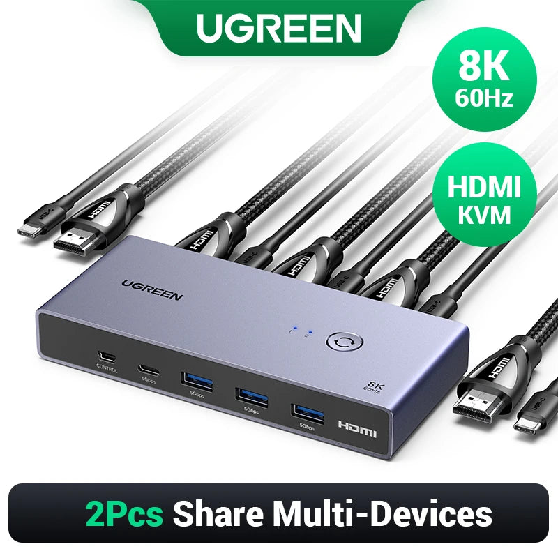 UGREEN 8K 60Hz HDMI KVM Switch USB C USB3.0 KVM Switcher 2 PCs Sharing 1 Monitor,Printer,Keyboard,Mouse Support 3D ,HDR Vision
