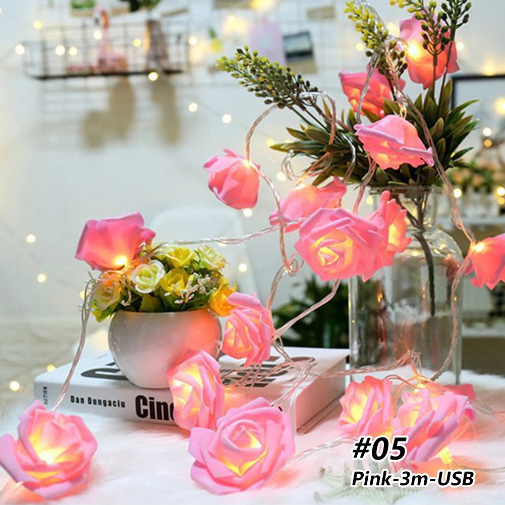 1.5/3m LED Rose Flower String Lights Battery Garland Artificial Bouquet Foam Fairy Lights For Valentine&#39;s Day Wedding Decoration