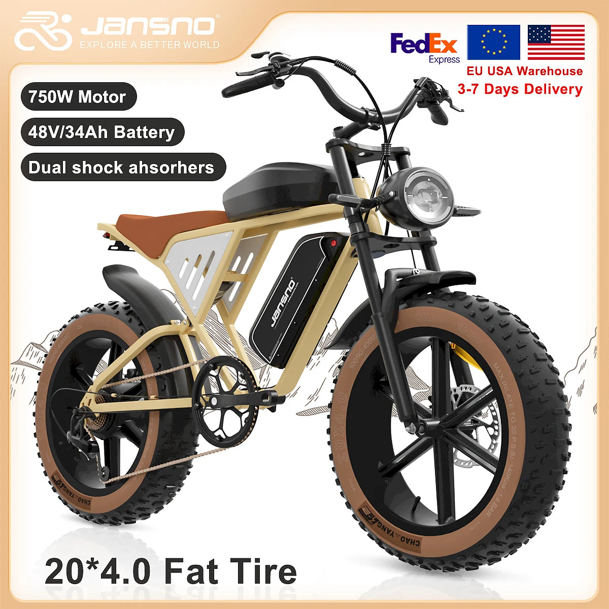 JANSNO X70 Electric Bike 48V 34Ah Removable Dual Battery 20&quot; Fat Tire Electric Bike 750W Motor 30MPH Electric Motorcycle 7 Speed