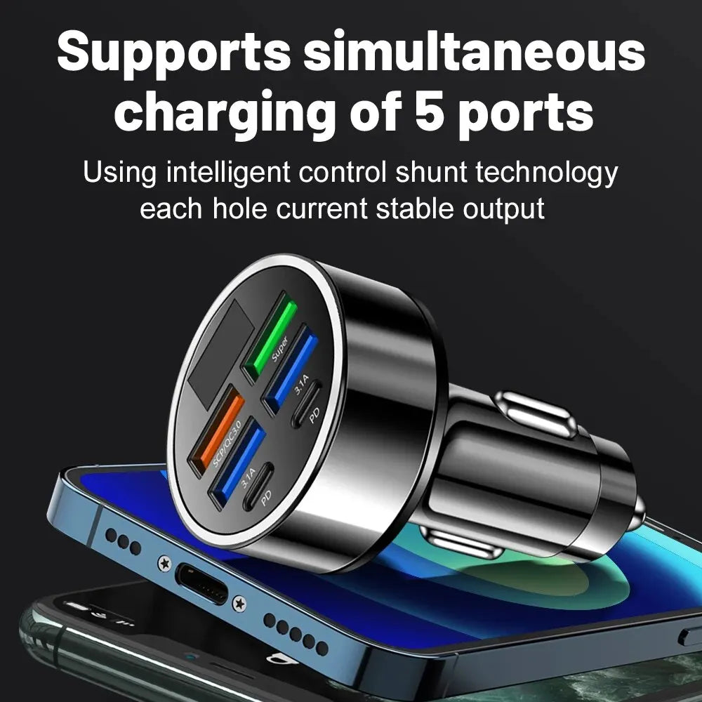 6 Ports Car Charger PD QC3.0 USB C Car Phone Charger Type C Adapter in Car 100W Fast Charging For IPhone Samsung Huawei Xiaomi