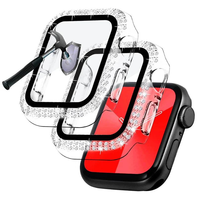 Bling Glass+Cover For Apple Watch Case 44mm 45 41mm 40mm 44 mm women Diamond bumper+Screen Protector iwatch series 7 9 8 5 6 SE - Stereotech