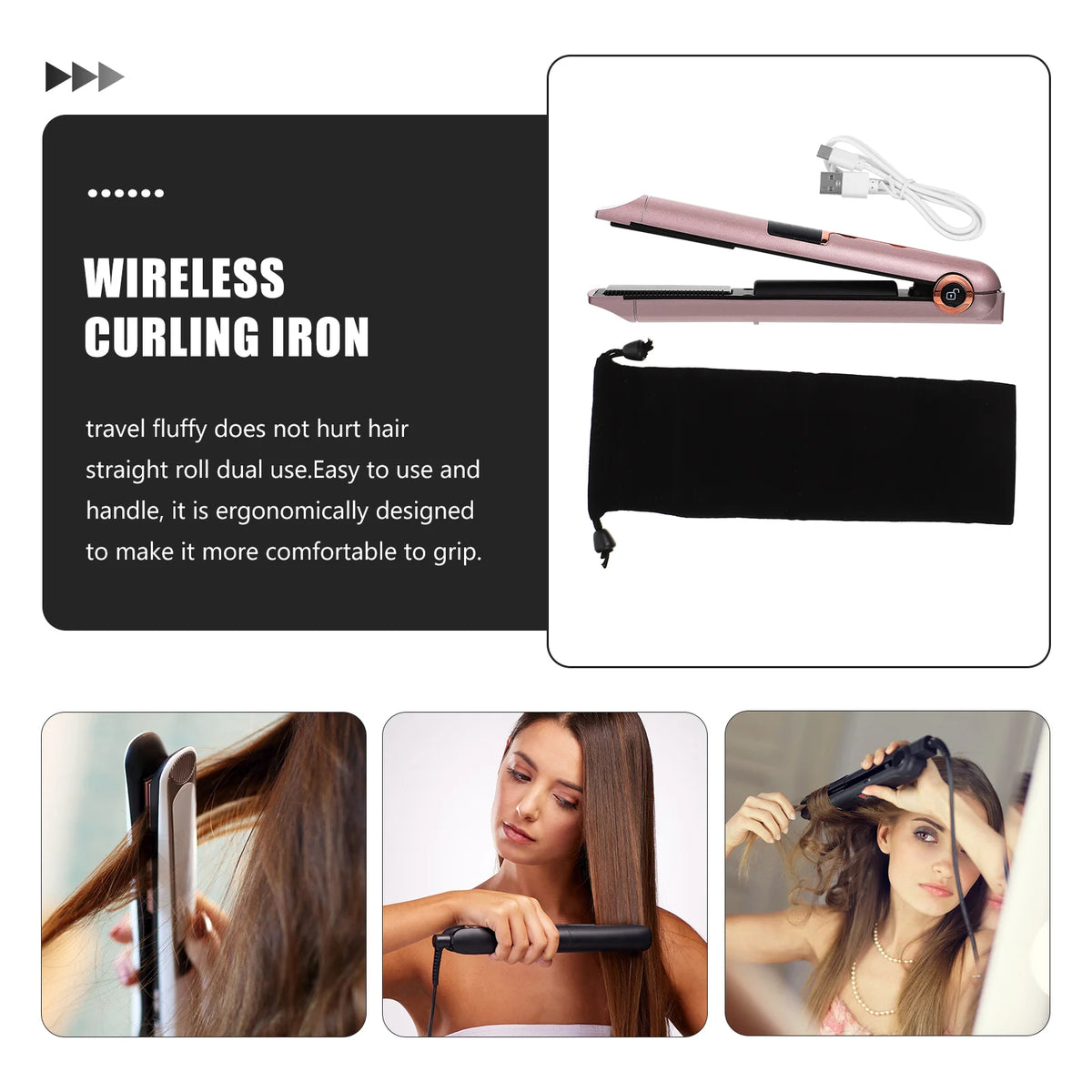 Curling Iron Multifunctional Hair Straightener Straightening Tool Wireless Curler Device Girl Adjustable Temperature Rollers - Stereotech