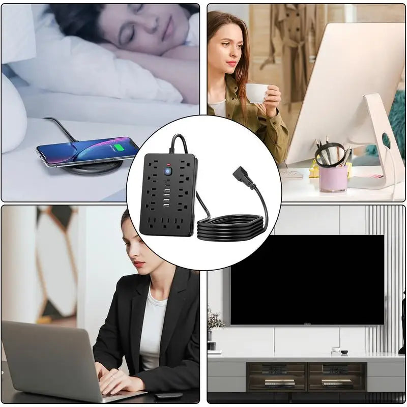 17-in-1 Plug Strip Plug Outlet Extender Strip Surge Protector Charging Station with 4 USB Ports and 2 Type-C Ports Flat Plug