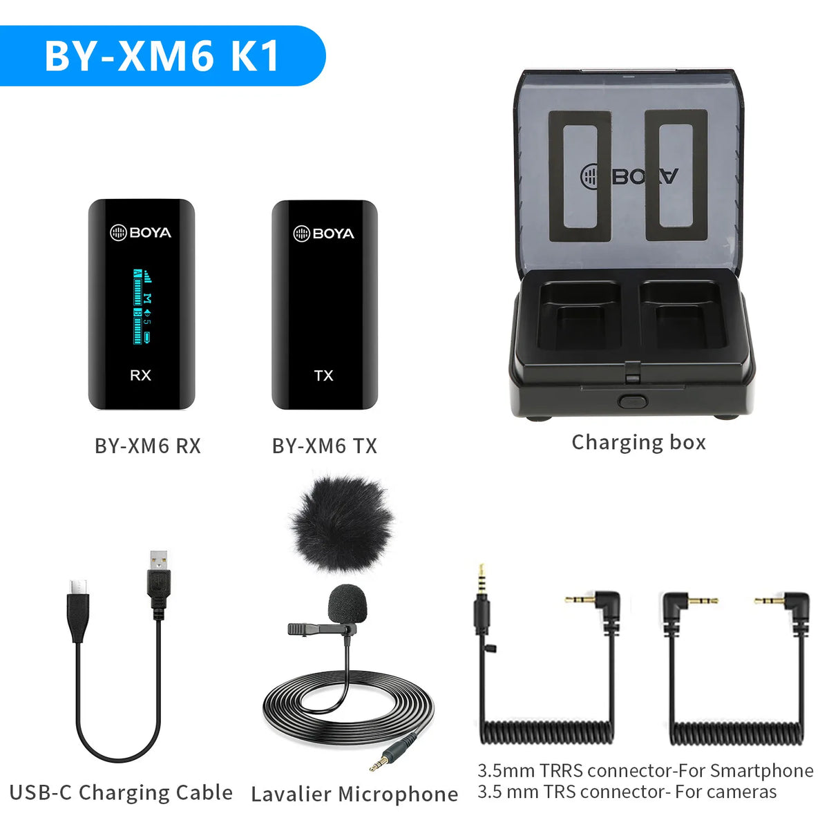 BOYA BY-XM6-K1 Wireless Lavalier Microphone Portable Audio Video Recording Mic with Charging Case for Smartphone Camera Vlog