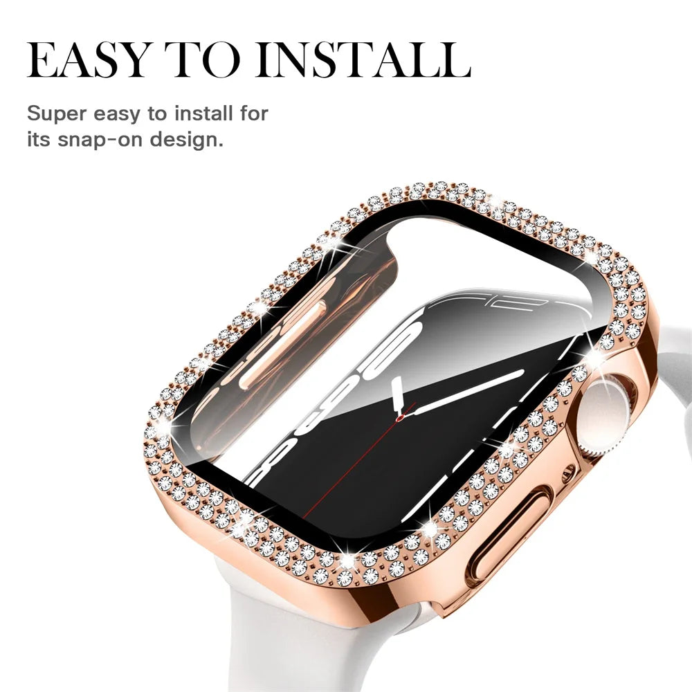 Bling Glass+Cover For Apple Watch Case 44mm 45 41mm 40mm 44 mm women Diamond bumper+Screen Protector iwatch series 7 9 8 5 6 SE - Stereotech