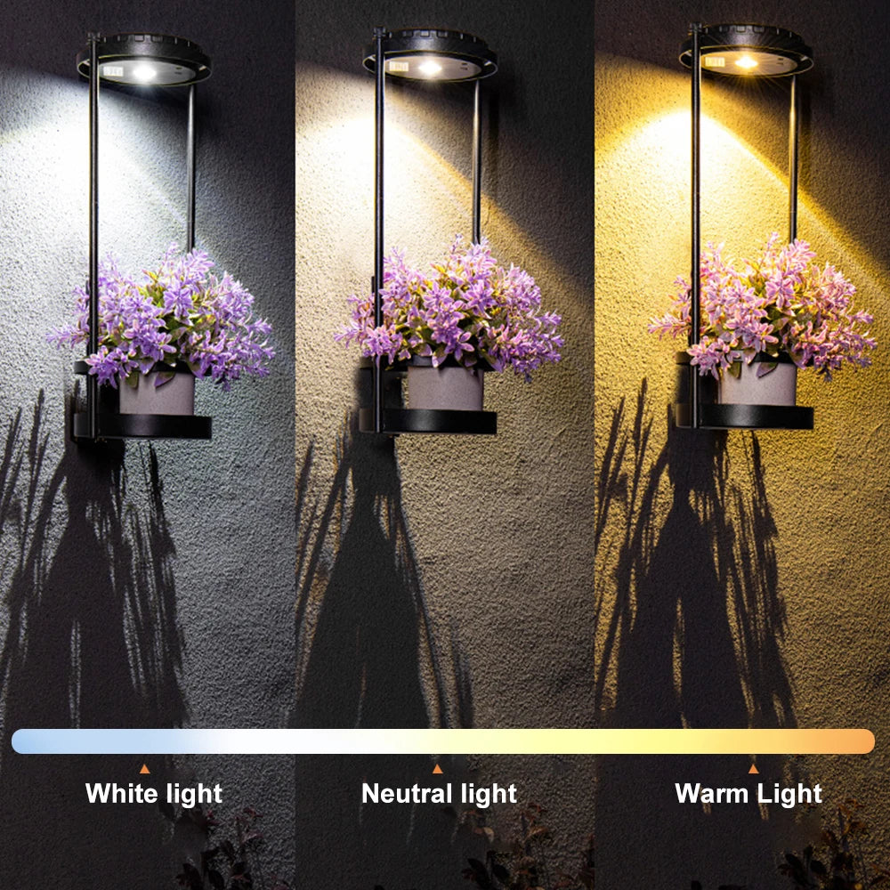 Solar Floor Lamp with Plant Stand Waterproof Outdoor Solar Wall Fence Light 3 Lighting Colors Metal Garden Decor Plant Deck Step