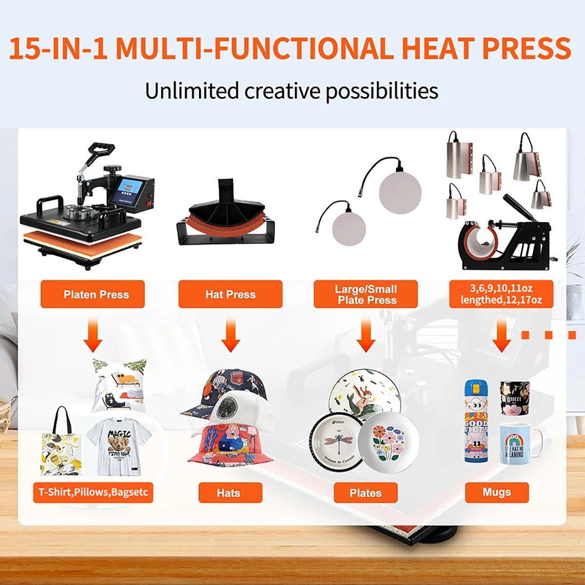 15 In 1 Combo Muntifunctional Sublimation Heat Press Machine Tshirt Heat Transfer Printer For Mug/Cap/football/bottle/pen/shoes - Stereotech