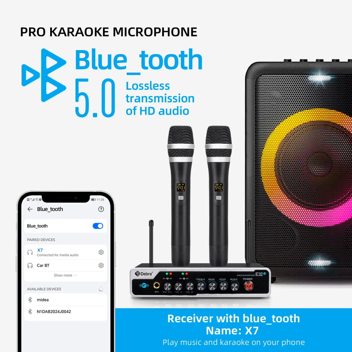 E02U Professional Portable Wireless Microphone System, 2 Handhelds with Bluetooth 5.0 and Reverb for House Parties, KTV Karaoke