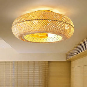 Creative Ceiling Fan with Light Retro Handmade Bamboo Rattan Invisible Fan Lights Modern Ceiling Lamp Inverter Fan Bedroom B&B